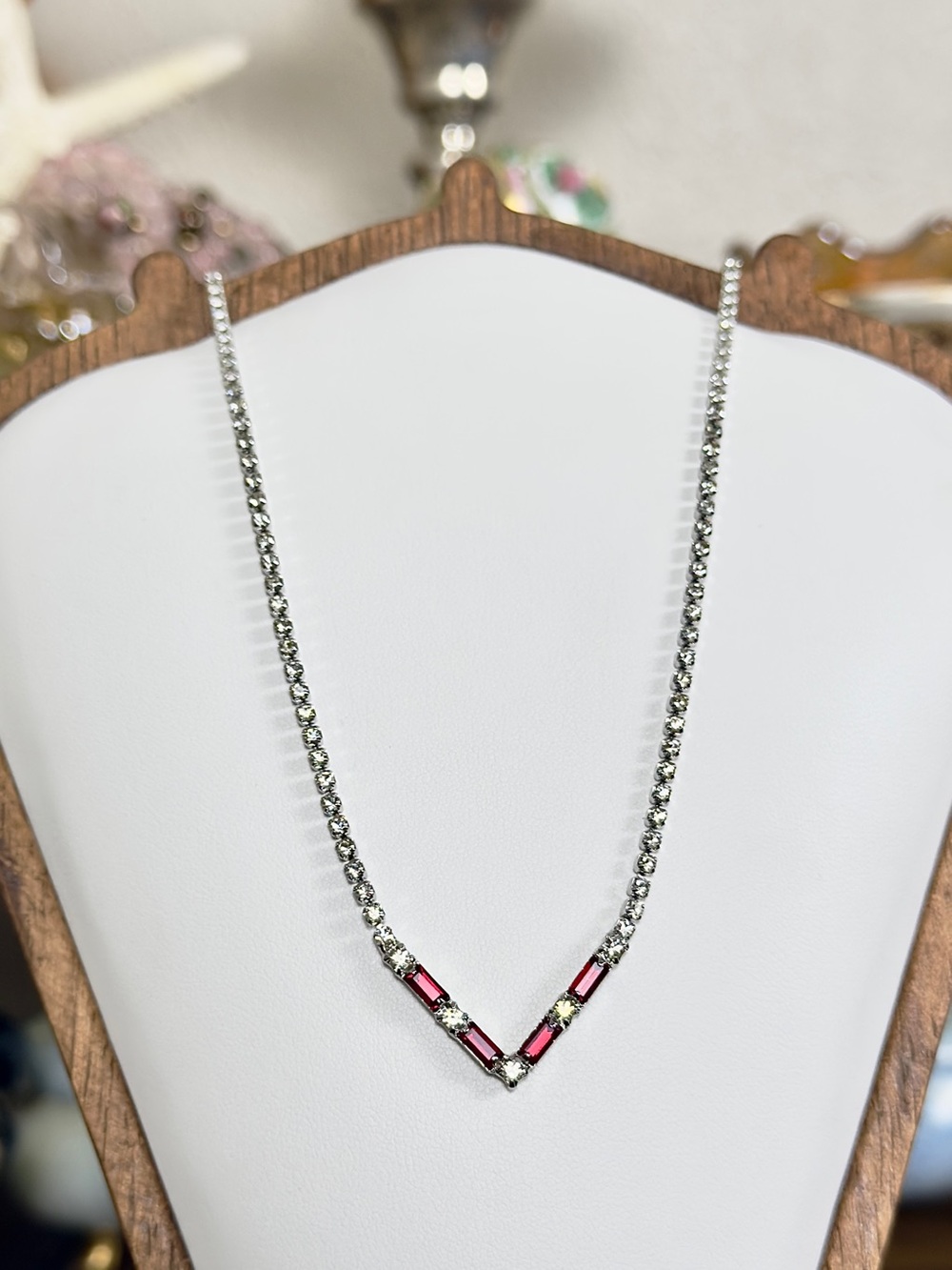 ‘50s Jacques Kreisler Chevron Tennis Necklace – Ruby Red Baguettes & Rhinestones